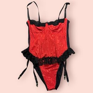 Vintage Sabrina by Mervyn’s Red Satin Lace Bodysuit Corset